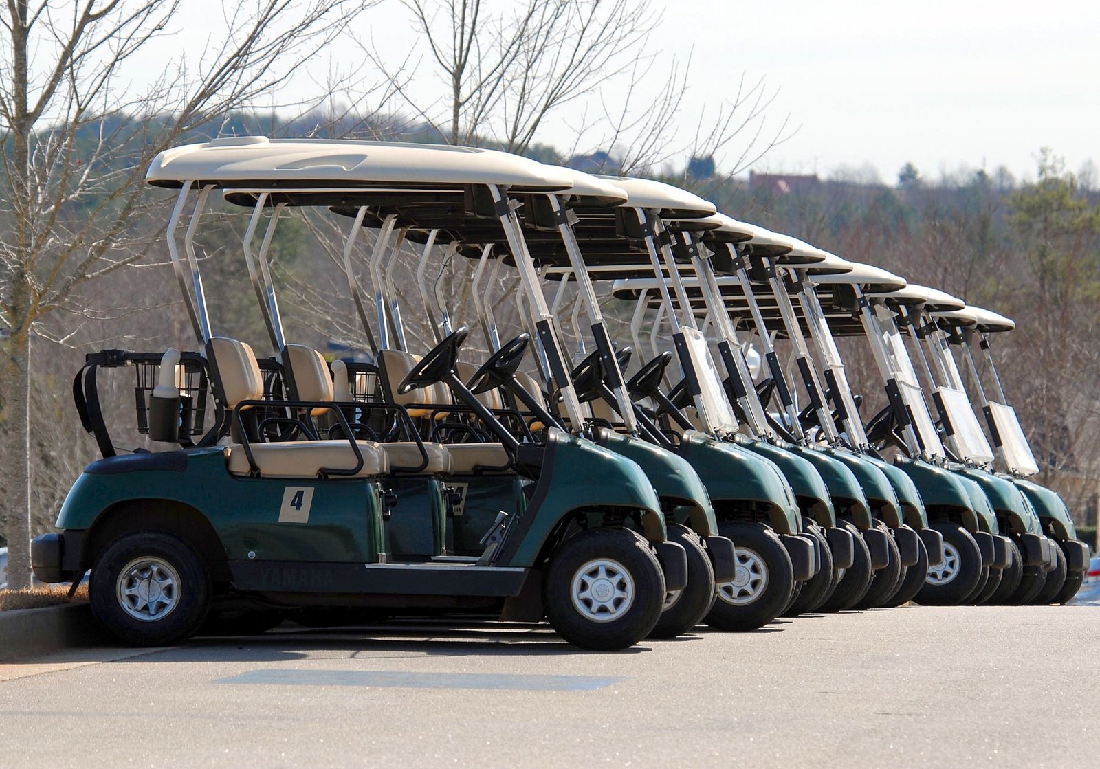A row of golf carts parked on a course, the kind compared in Club Car vs E-Z-GO vs Yamaha