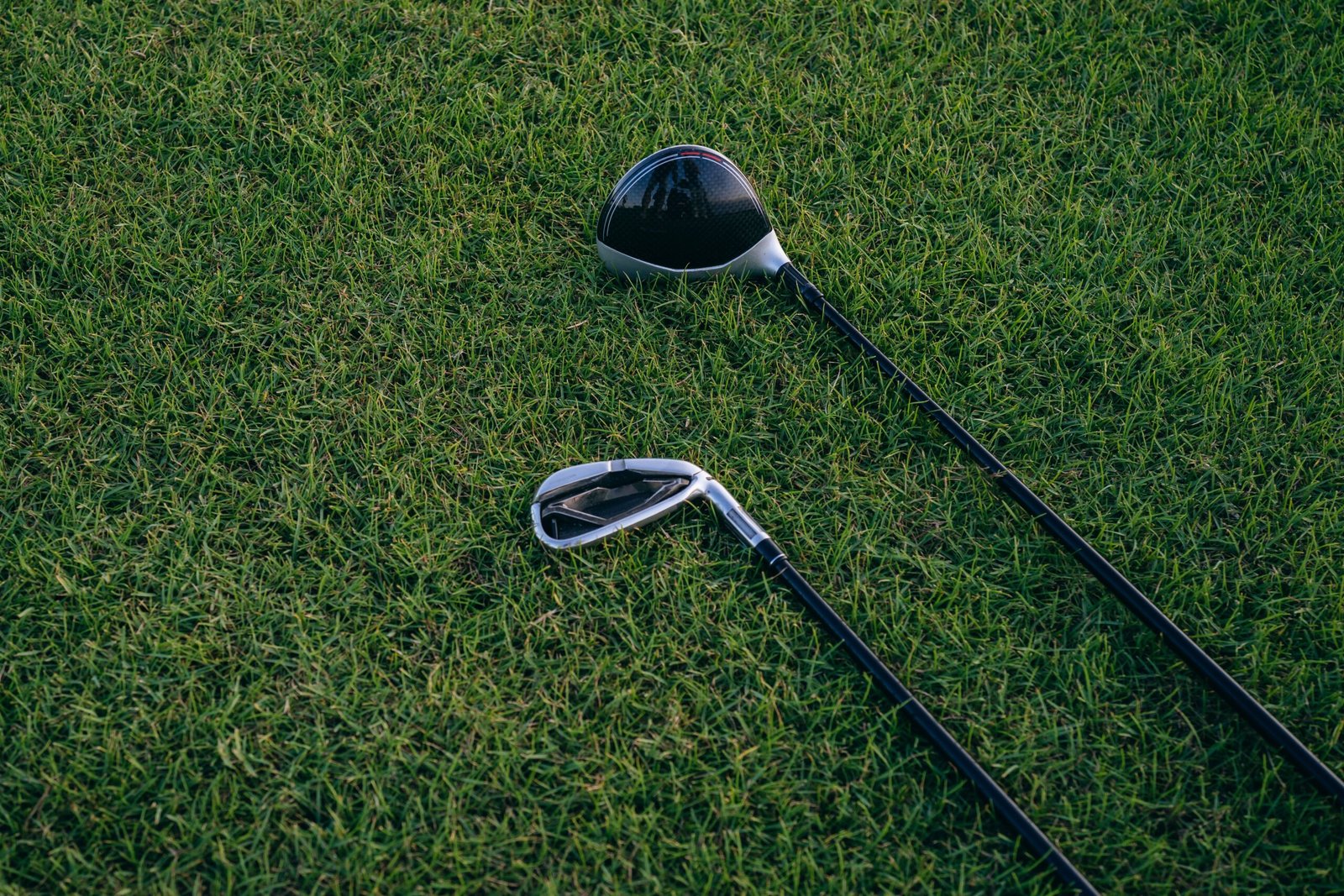 Fairway wood golf club resting in the grass with course in the background