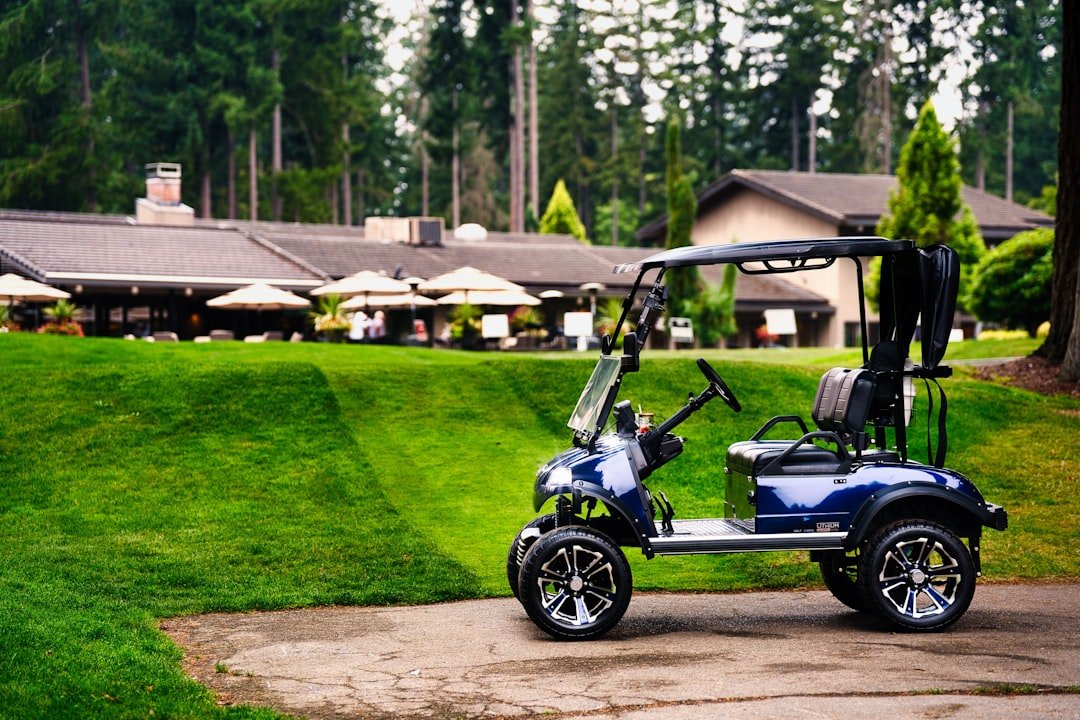 Golf cart parked at home; routine motor and battery maintenance prevents most breakdowns