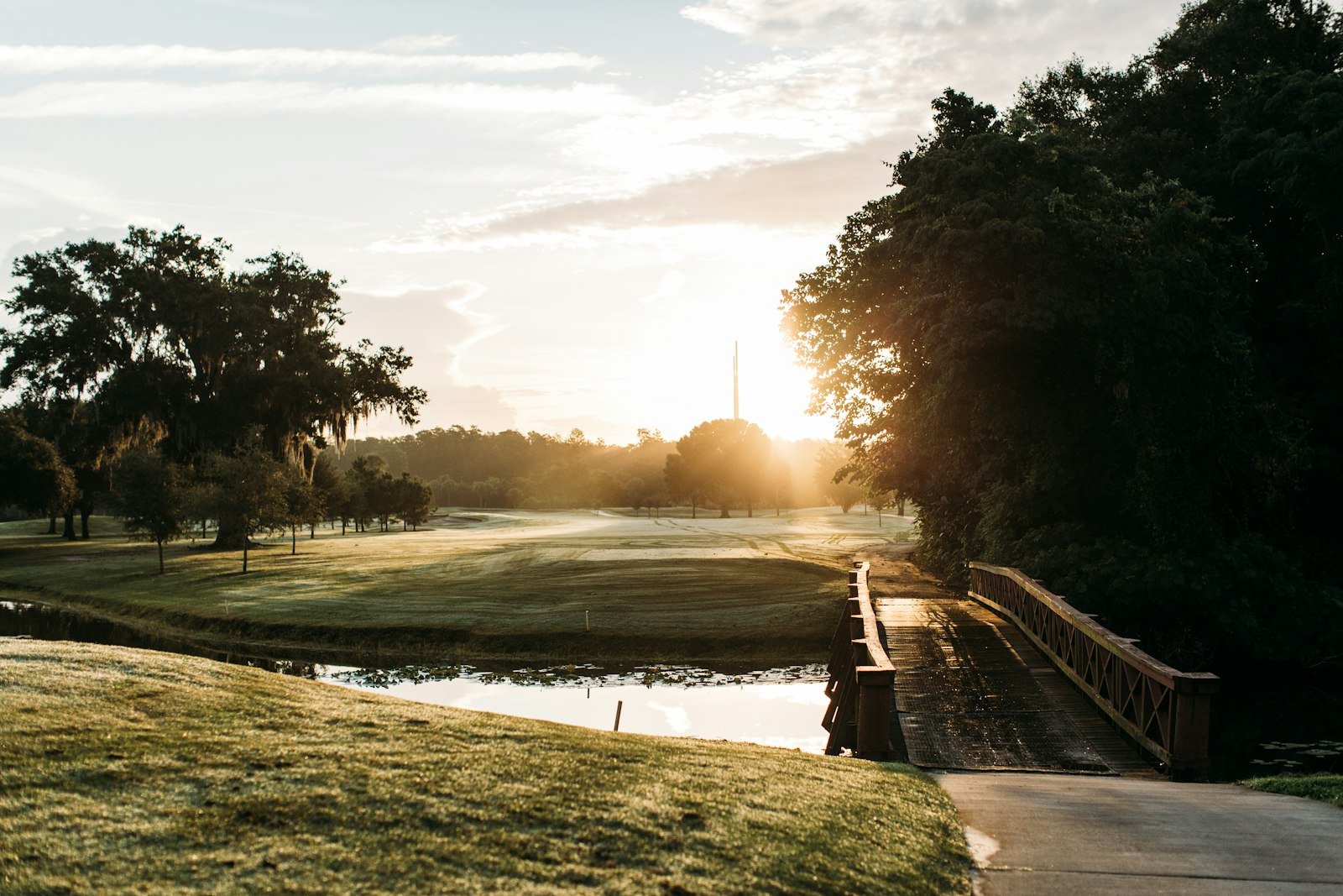 Golf course fairway at sunrise, ideal for an early twilight round