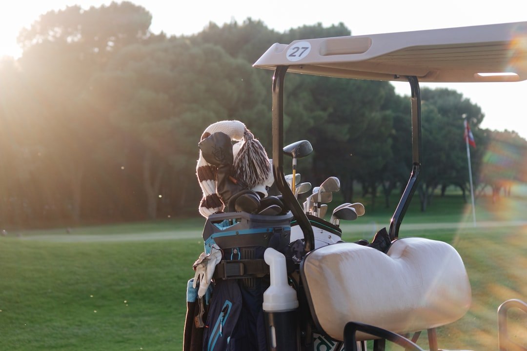 Full set of golf clubs including drivers, woods, and irons in a golf bag