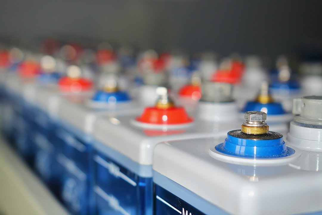 Bank of lead-acid batteries with terminals, similar to the pack in a 36 or 48 volt golf cart