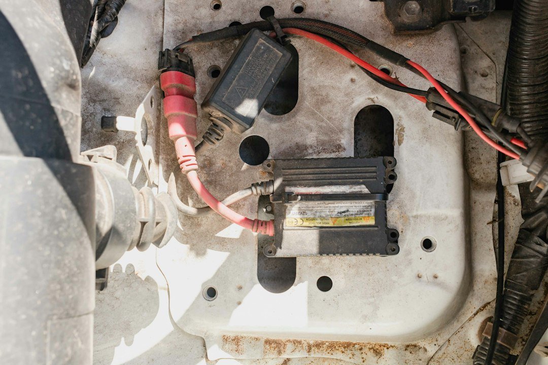 A battery with heavy cables and wiring, the kind of connections worth inspecting for corrosion