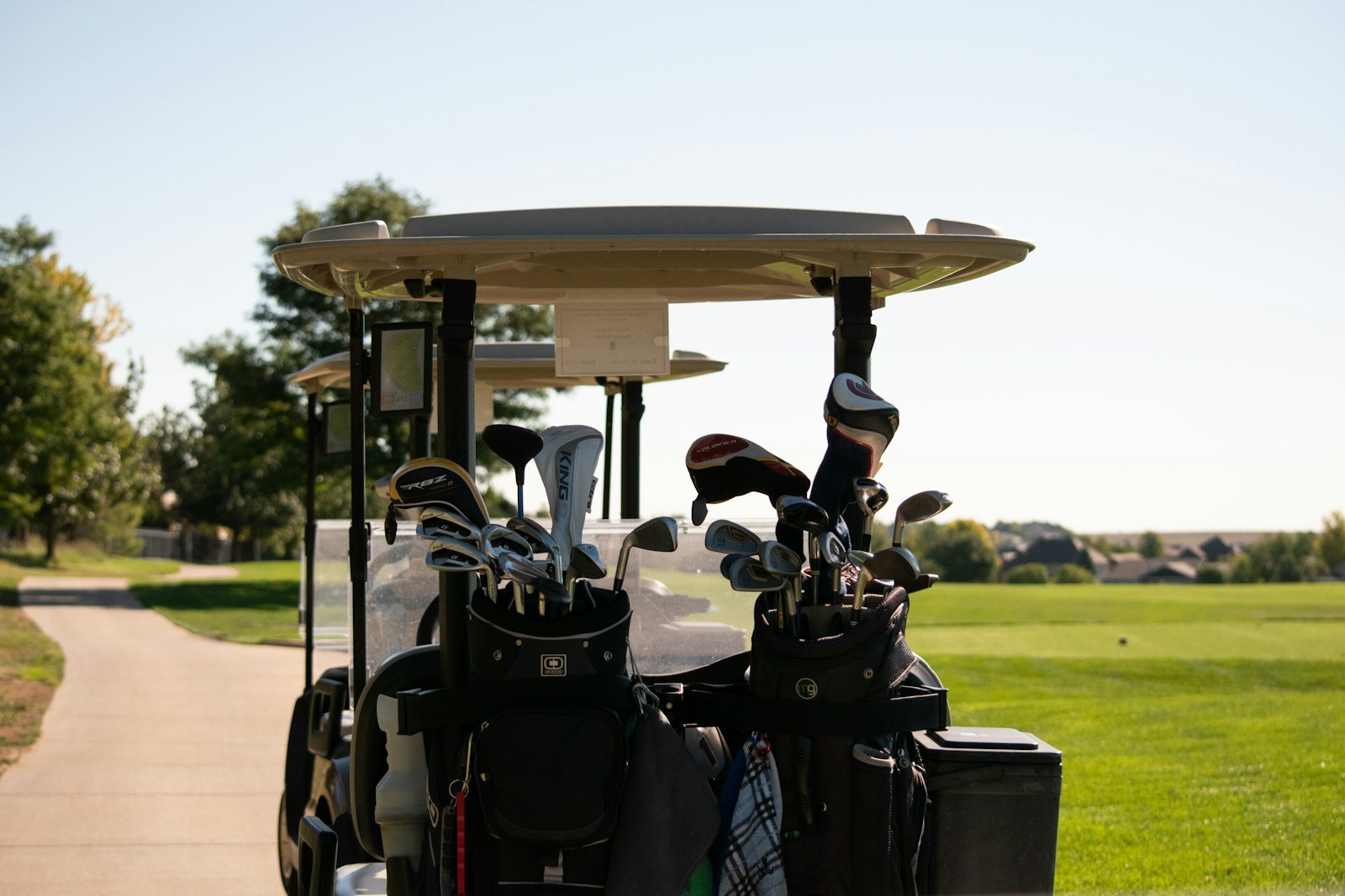 Close-up of a golf cart's canopy roof and support struts from below