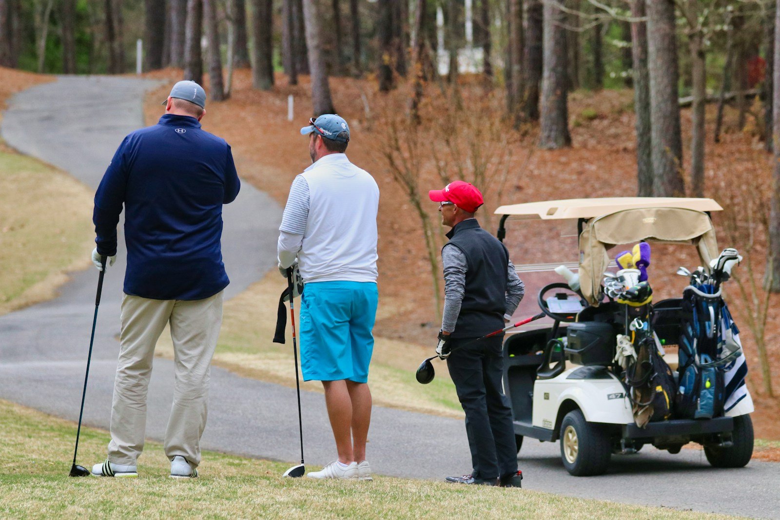 Golfers waiting on a golf cart path — when a golf cart goes forward but not reverse, the fix usually starts under the seat.