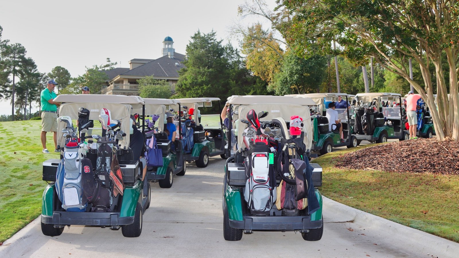 How much do golf carts cost when new? Golf carts lined up with bags loaded before a round