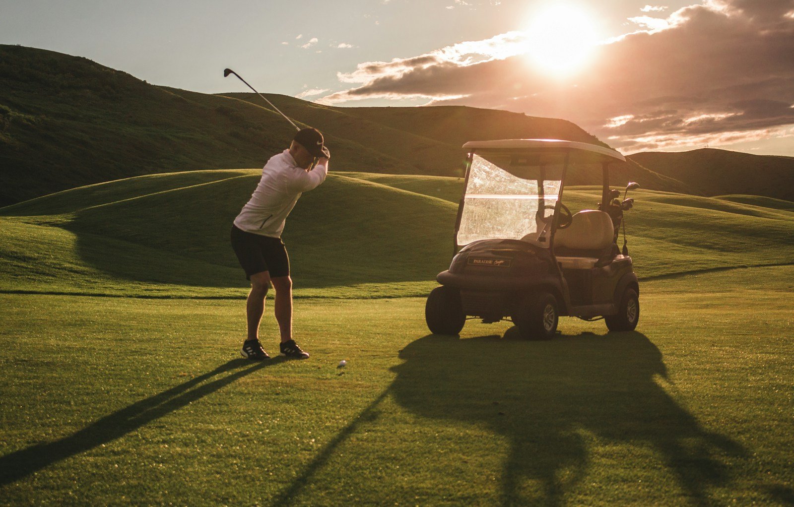 A golfer's electric golf cart parked on a course — reverse trouble almost always traces back to one testable part of this circuit.